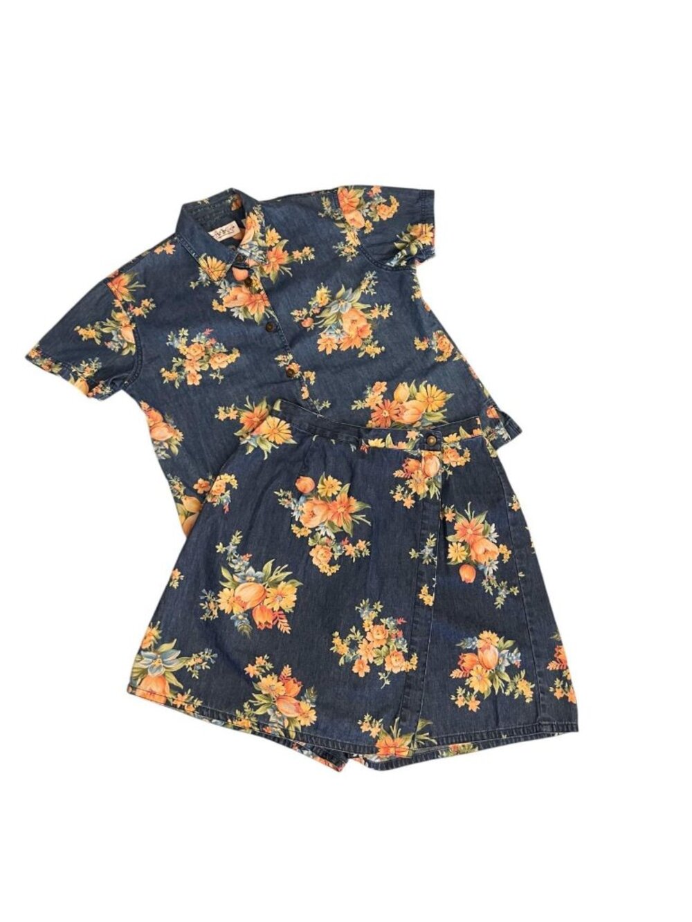 Vintage Liz Claiborne Villager Floral Denim Skort Shirt Set Size 6 100% Cotton